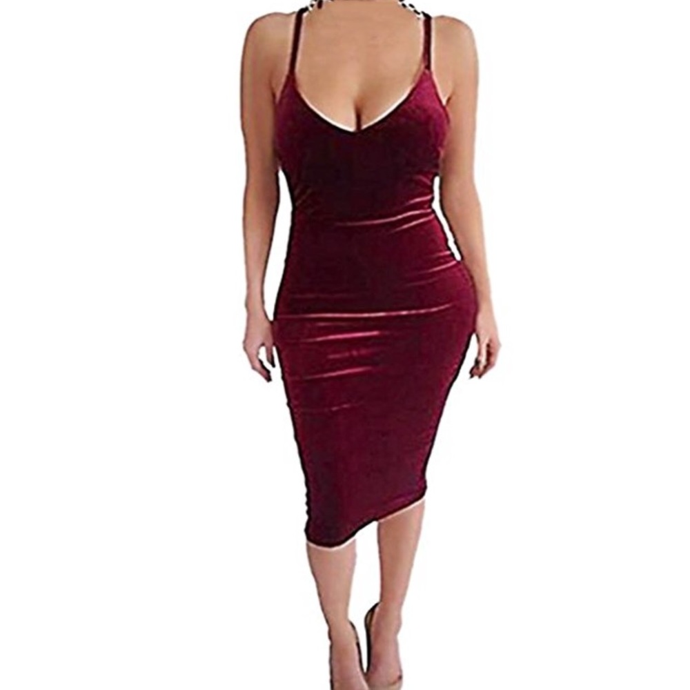 Plush Burgundy Velvet Midi Bodycon Dress - Picture 2 of 6